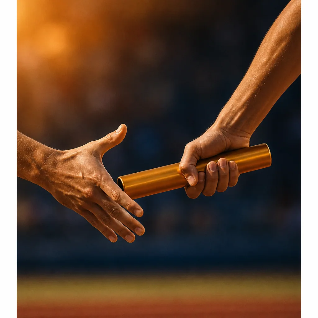 A relay baton being handed off — the moment of delivery